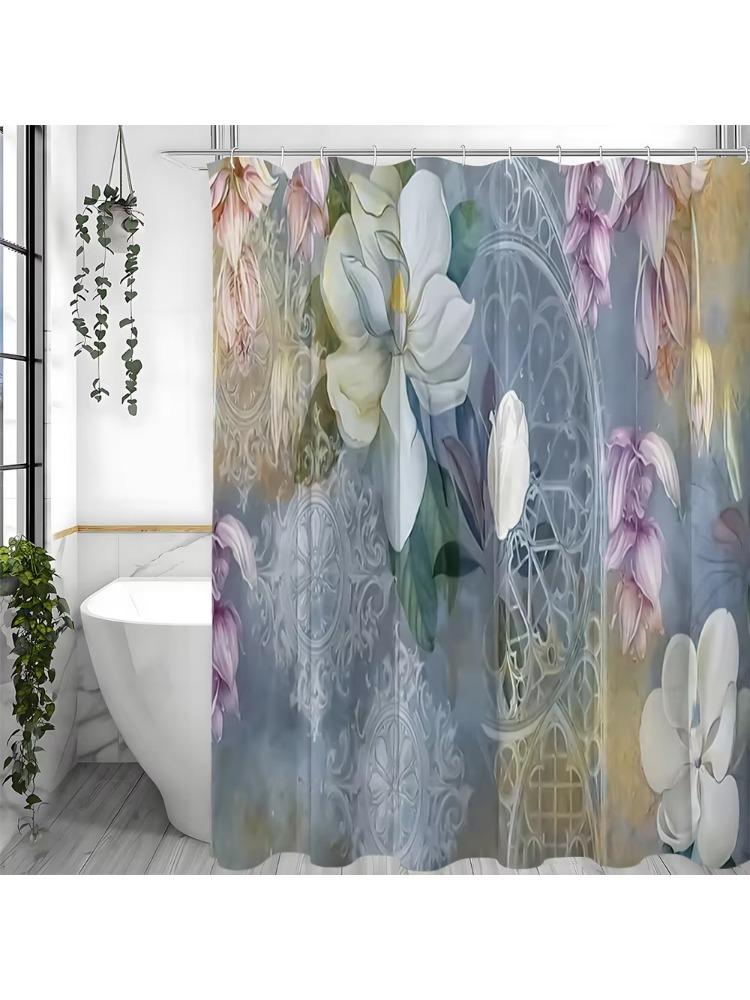 

Magnolia And Jasmine Combination Shower Curtain On Gray And Gold Background, Bathroom Decorative Shower Curtain, Waterproof Show W60H190(CM)-1 Pcs