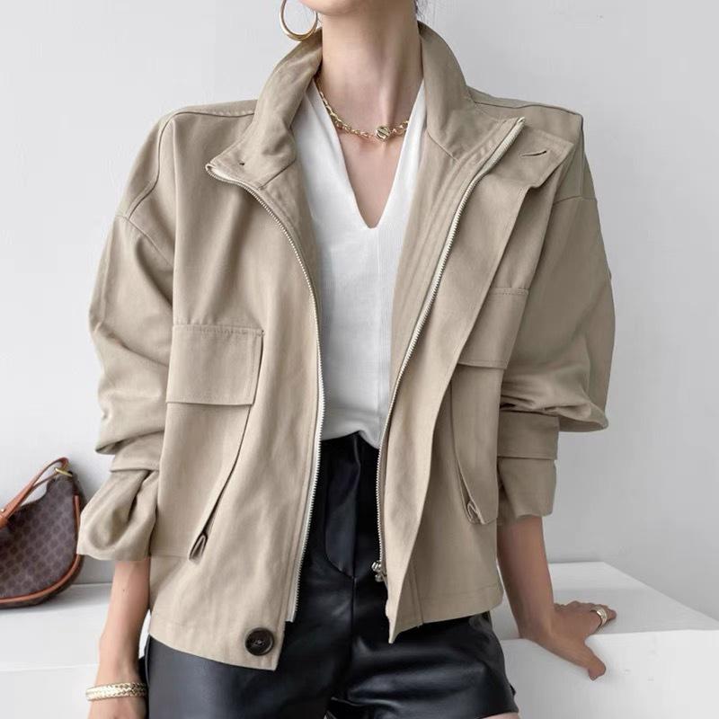 Korean Retro Chic Stand Collar Zipper Jacket with Big Pockets and Long Sleeves L чёрный