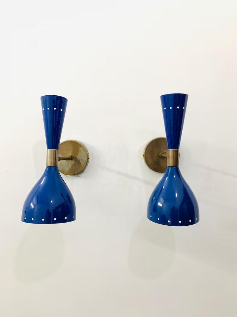Italian Brass Wall Sconce: Mid Century Modern Shiny Blue Light Fixture