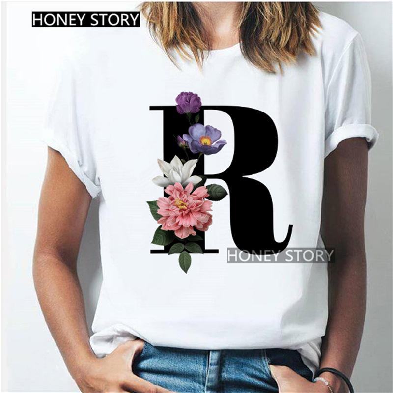 Kawaii English Alphabet Flowers Graphics Female T-Shirt 90S Summer Loose Short Sleeve Round Neck Female Tops Clothing