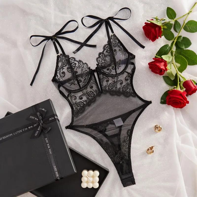Exotic Bodysuit Lace Trim Embroidered Sheer Teddies Floral See Through Tight Shapewear One Piece Women'S Lingerie Sets Night Hot