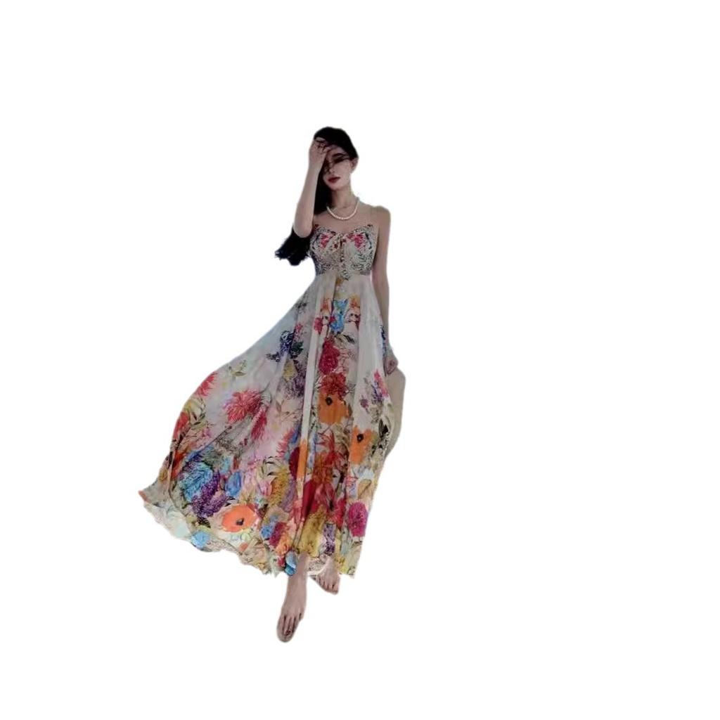 New Color Broken Flower Suspender Strap High Waist Vacation Dress Fashion Fashion Temperament