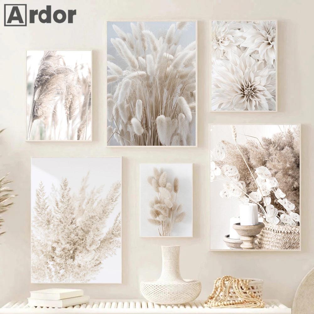 Béžový Bunny Tail Grass Nástěnné plakáty Přírodní pampy Reed Obraz na plátně Květinový umělecký plakát Malba Severské nástěnné obrazy Home Decor