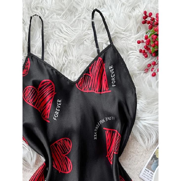 Valentine's Day Red Lip Print Satin Slip Nightdress V Neck Backless Mini Sleep Dress Women's Sleepwear Dresses