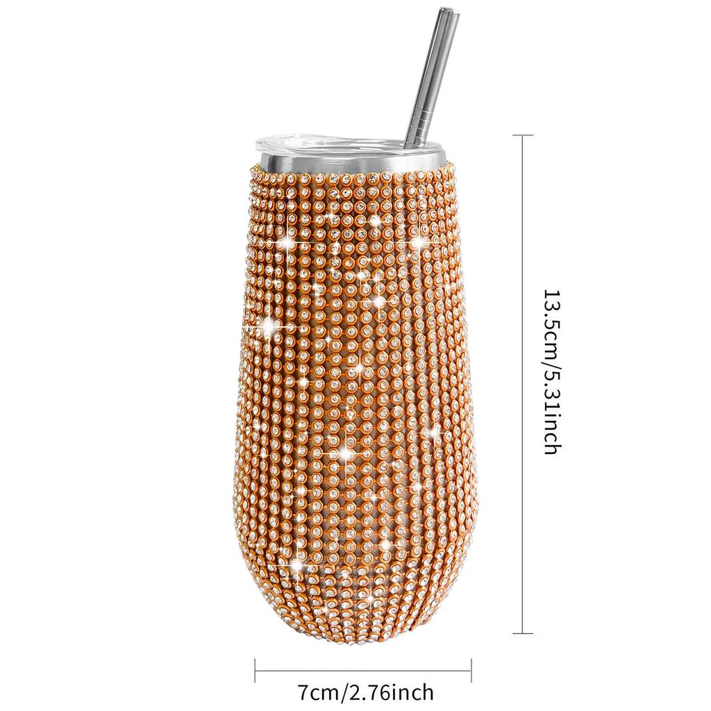 6oz Glänzender Diamant-Becher Bling Strass-Weinglas mit Strohhalm Edelstahl Isoliert Vakuum Champagnerbecher Tasse Eiform
