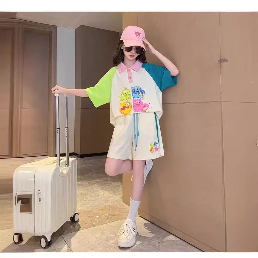 

Летний детский комплект одежды для девочек, футболки с принтом в виде мультфильмов и шорты, костюмы из 2 предметов, подростковая верхняя и нижняя части одежды 130