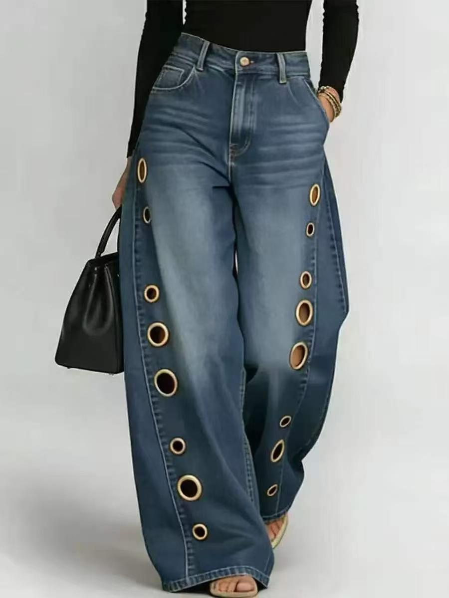 

Women’s Solid-colour Loose-fit Denim Trousers with Metal Studs for Spring Summer L