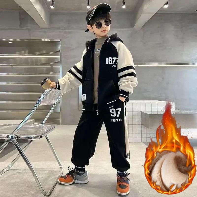 Herbst Winter Plus Samt Dicke Sets Jungen Gefütterter Pullover Hose Anzug Warmes Sportoutfit Kinder Sportkleidung 2St.