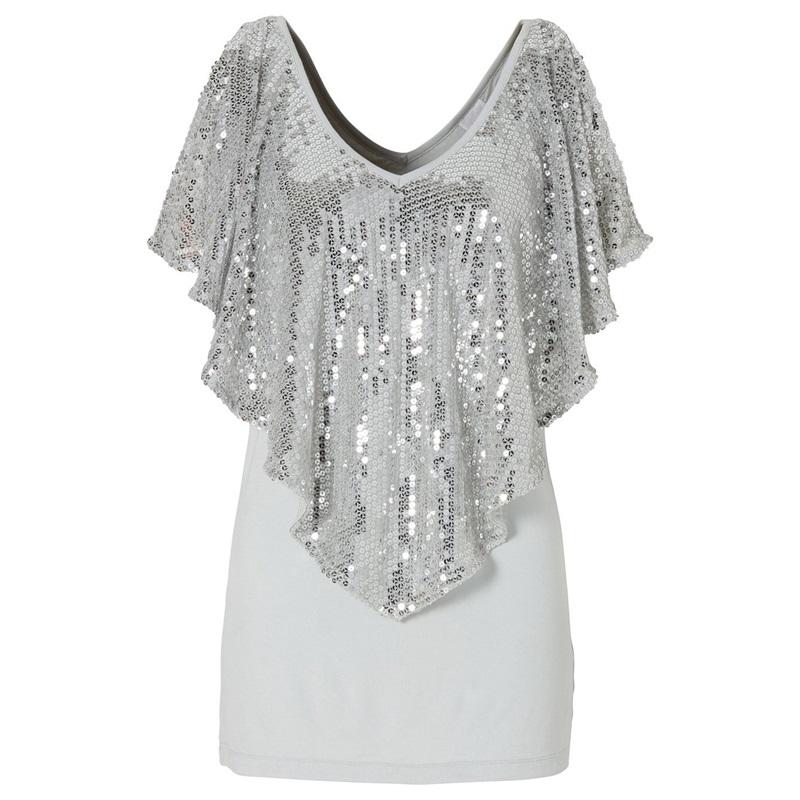 European And American Style Sequin V Neck Spliced Cotton Sexy V Neck Shawl Sleeve T-shirt Versatile Top Fashionable Women's T-shirt