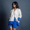 Women's Two Piece Set with Shorts - White Blue Cotton Oversized Shirt and Shorts, Shirt Style, Loose Fit Casual Outfit