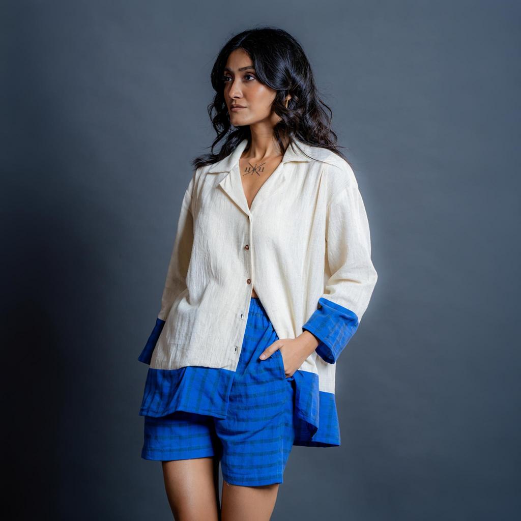 Women's Two Piece Set with Shorts - White Blue Cotton Oversized Shirt and Shorts, Shirt Style, Loose Fit Casual Outfit