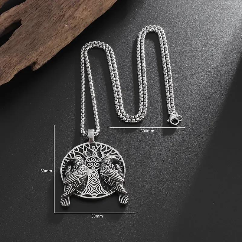 Retro Norse Mythology Double Raven Tree of Life Pendant Necklace for Men Cool Hip Hop Jewelry Gift