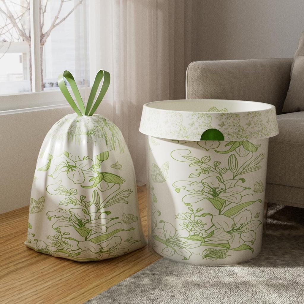 4 Gallon Trash Bags, Small Garbage Bags with Drawstring and Printed Lily Design, Tear-Free, Leakproof & Durable Small Trash Bags for Bathroom,
