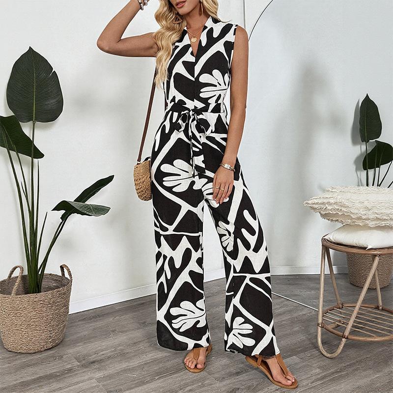 

Women s Summer Casual Jumpsuit Fashion Print Sleeveelss V Neck High Waist Baggy Pants Romper Black S