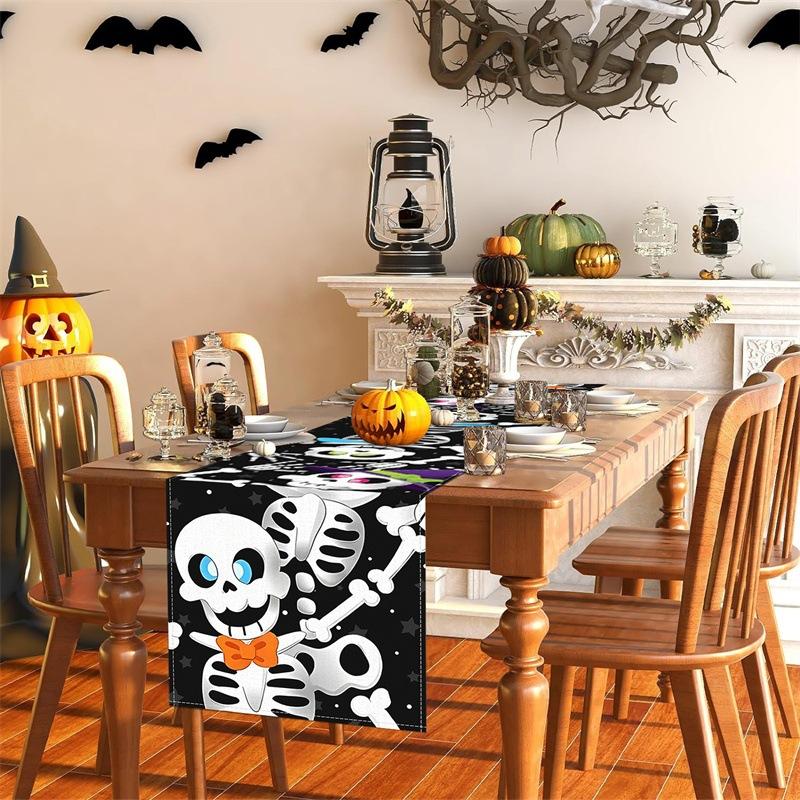 1pc White Black Halloween Table Runner Skeleton Pattern Waterproof Reusable Tablecloth for Halloween Themed Party Decoration
