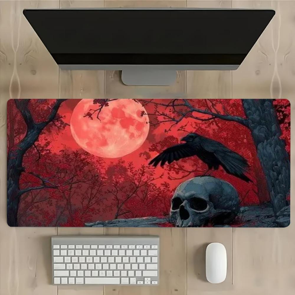 Large Gaming Mouse Pad Horror Red Blood Moon Crow Skull Forest Non Slip Stitched Edge Desk Mat Pc Laptop Office Gamer Decor