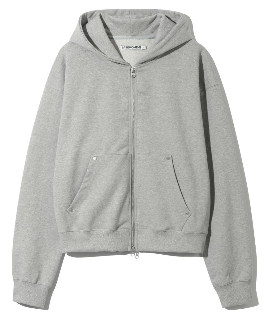 Basemoment Rivet Crop Zip-Up Hoodie (Heavyweight) Melange Grey