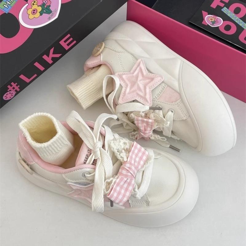2025 New Cute Star Design Sneakers for Female Pink Bowknot Thick-soled Sneaker Women's Casual Tennis Shoes Zapatillas De Mujer