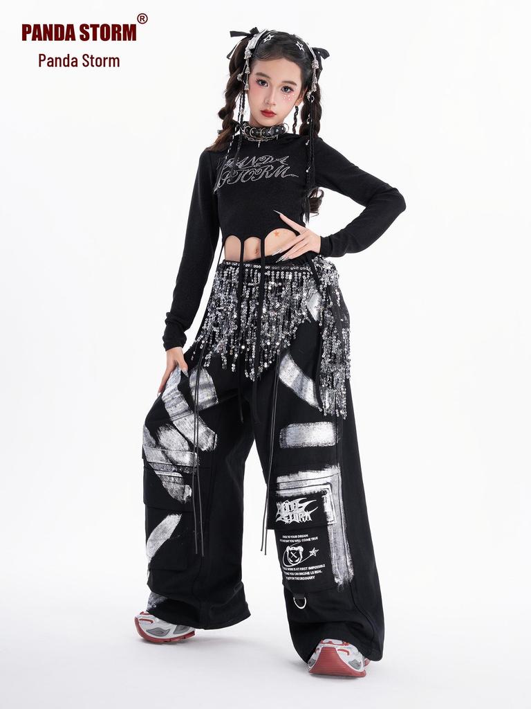 Girls' Sparkly Jazz Dance Long-Sleeve Outfit: Fashionable Street Dance T-shirt & Pants Set