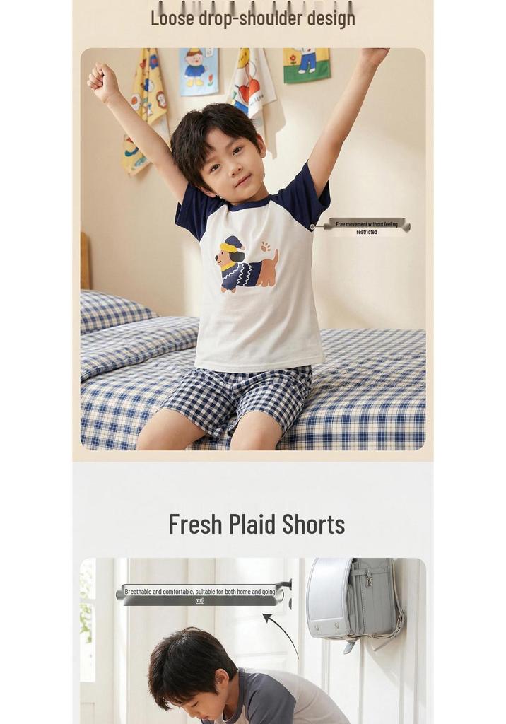 Kids' Summer Short-Sleeve Set: Cool Soft Pajamas & Outdoor Wear for Older Children, Includes Top and Shorts