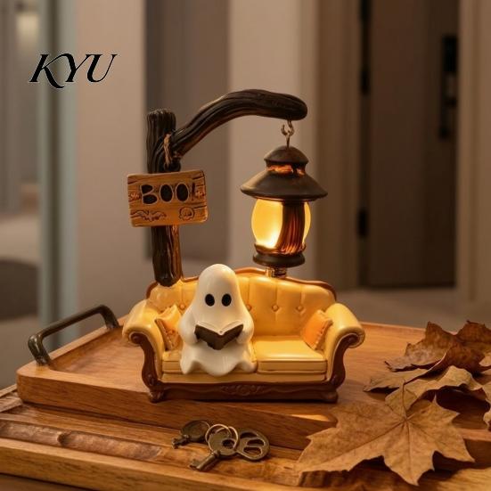 Resin Spooky Tabletop Figurine Halloween Ghost Reading Book Lamp, Cute Night Light with Book, Unique Desktop Atmosphere Lighting 3D Statue, Decor for