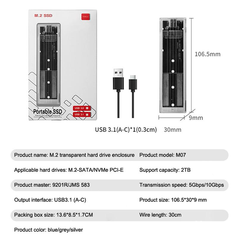 M.2 NVMe PCIe NGFF SATA Protokol Kılıfı Şeffaf USB Tip C 10Gbps PCI-E Şeffaf Harici Sabit Disk Kutusu Kılıfı Dizüstü Bilgisayar Telefon İçin