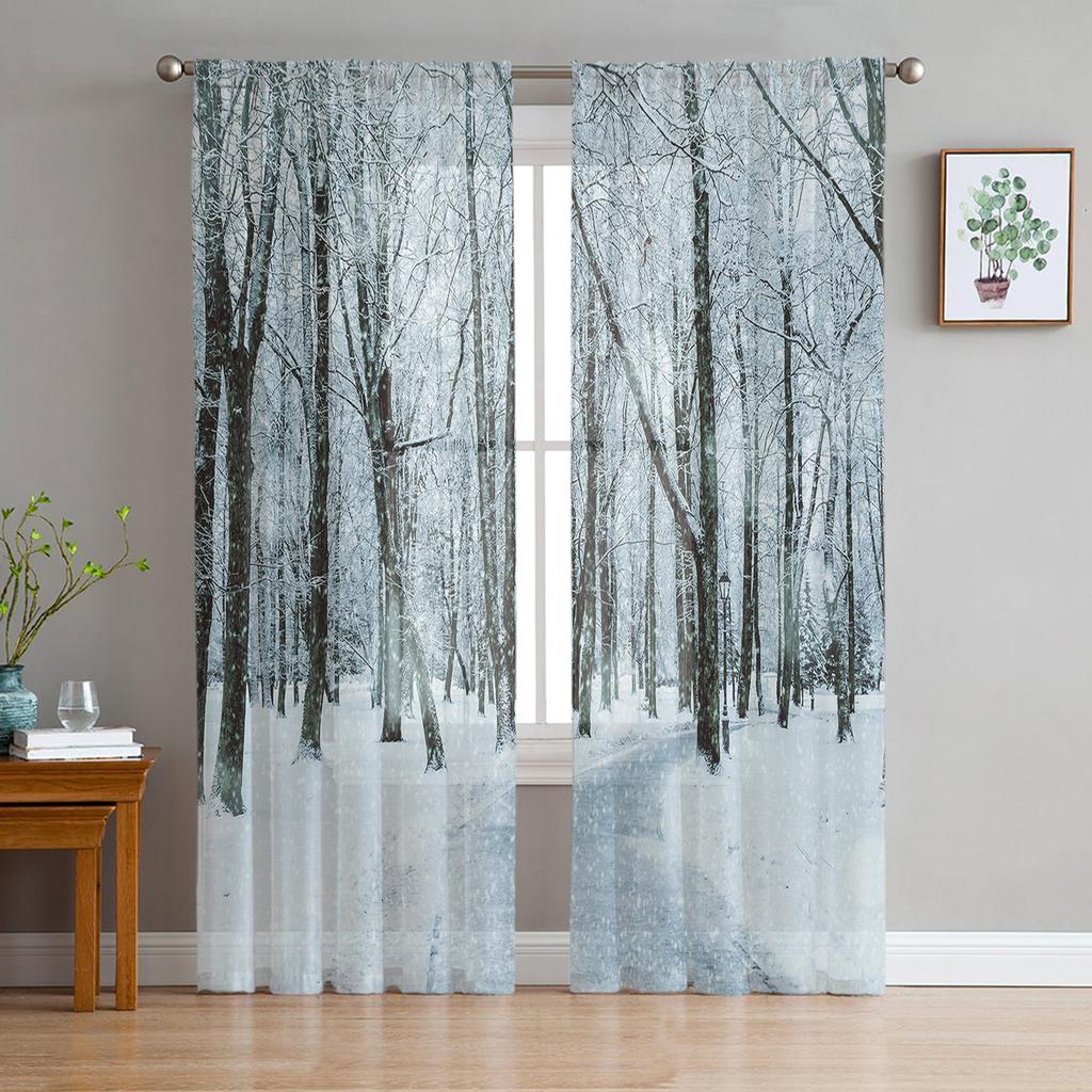 White Aspen Trees In Snow Tulle Window Curtains Living Room Organza Yarn Sheer Voile Curtain Bedroom Kitchen Home Decor Drape