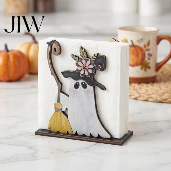 Kitchen Countertop Accessory Halloween Wooden Napkin Holder, Ghost Pumpkin Decorative Tabletop Tissue Dispenser, Dining Table Centerpiece Paper