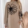 Women Knitted Sweater Dress Flower Printed Turtleneck Full Sleeve Autumn Winter Temperament Office Lady Mini Dresses