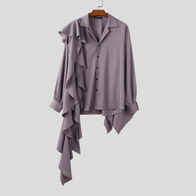 

INCERUN Мужские элегантные рубашки топы с длинным рукавом, с большим лацканом, с оборками, в стиле пэчворк M фиолетовый