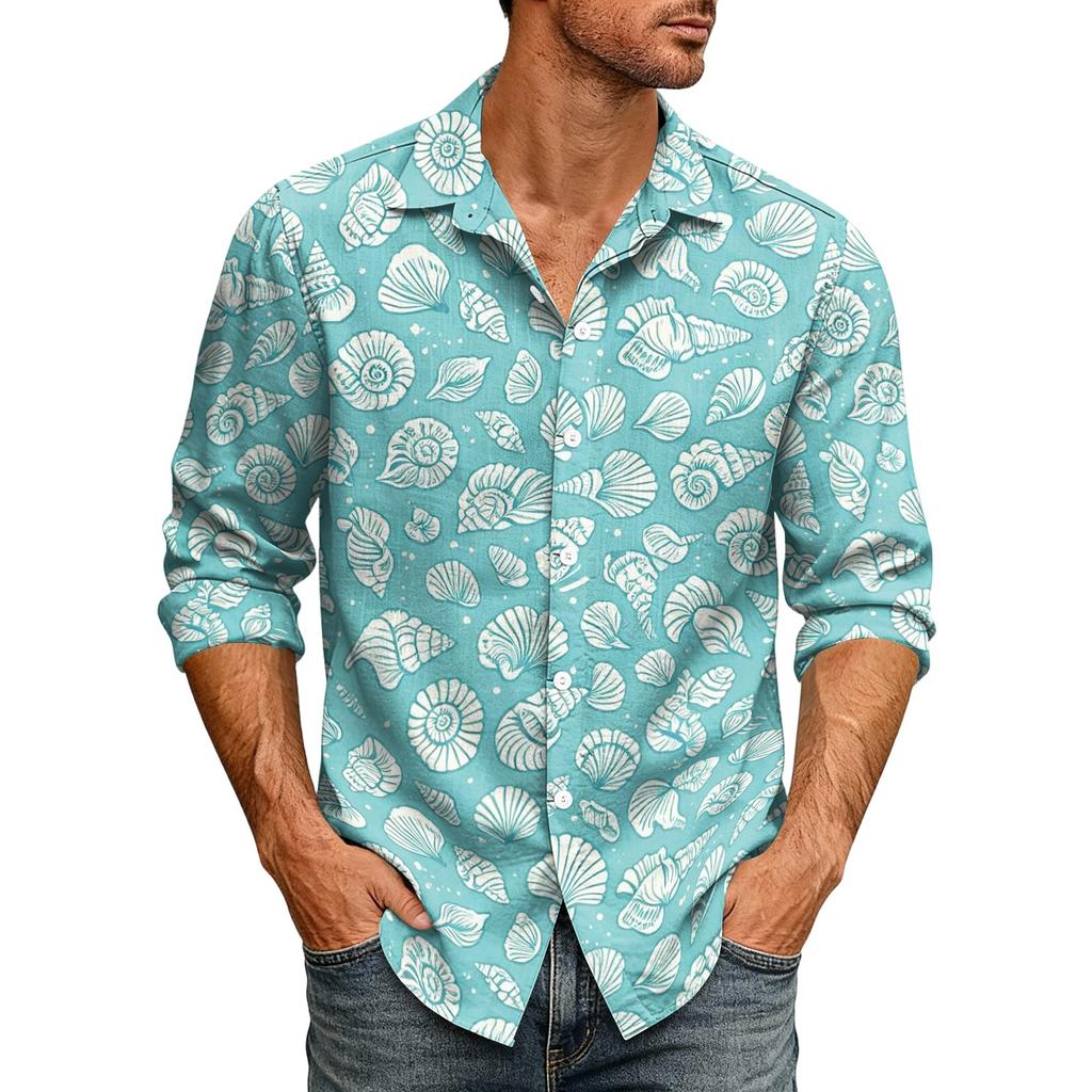 Men's Hawaiian Loose Fit Long Sleeve Shirt with Classic Collar Vintage Casual Button Down Shirt Suitable for Spring and Autumn Wear