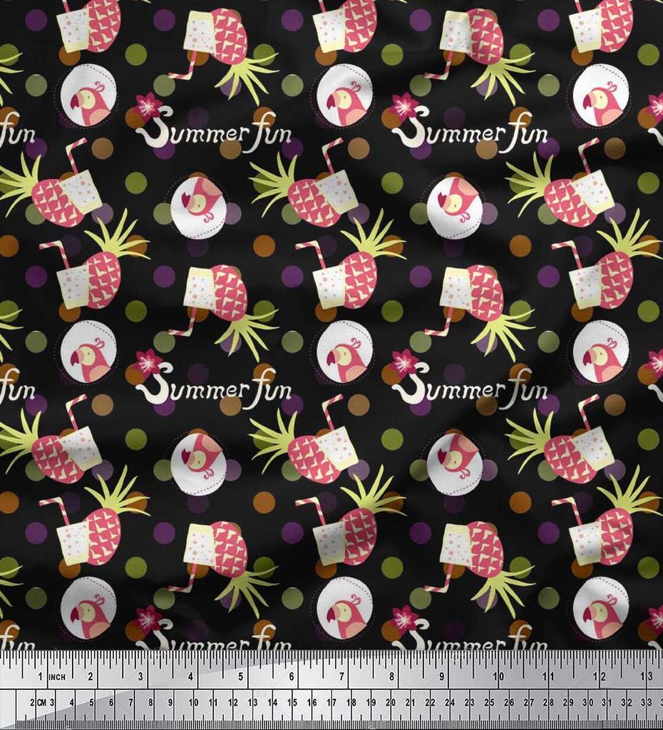 Soimoi Japan Crepe Satin Fabric Dot,Parrot & PineJuice Summer Designs Fabric Prints By Metre 42 Inch