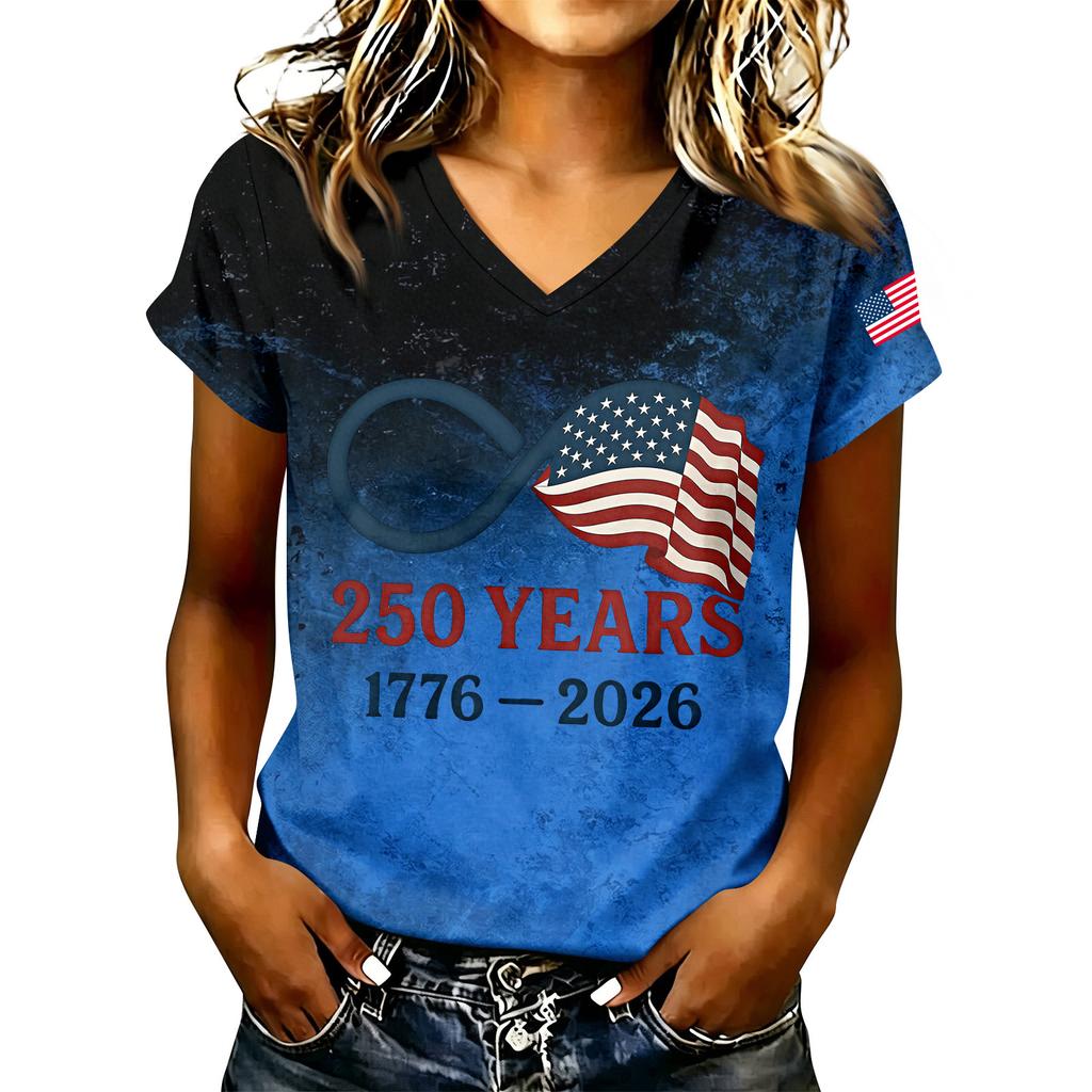 Women's Casual V Neck Short Sleeve T Shirt with Letter Print 250 Years 1776-2026 American Flag Graphic Top Summer Tee