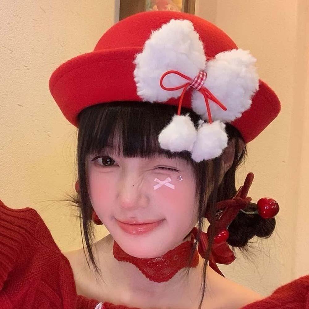 Vintage Looking Red Bowler Hats Japanese Style Girls Dome Hat Basin Hat Woolen Bucket Cap  Winter
