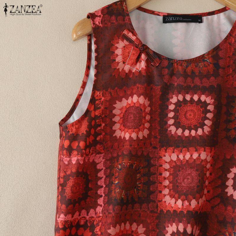 ZANZEA Women Casual Round Neck Loose Print Sleeveless Tank Tops
