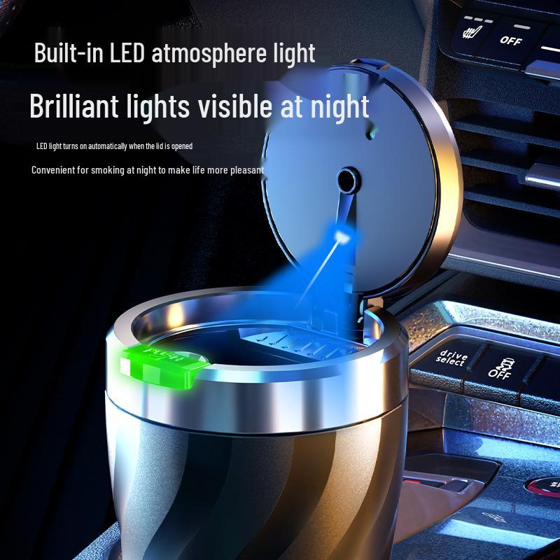 Portable LED-Lit Car Ashtray with One-Button Open and Alloy Liner