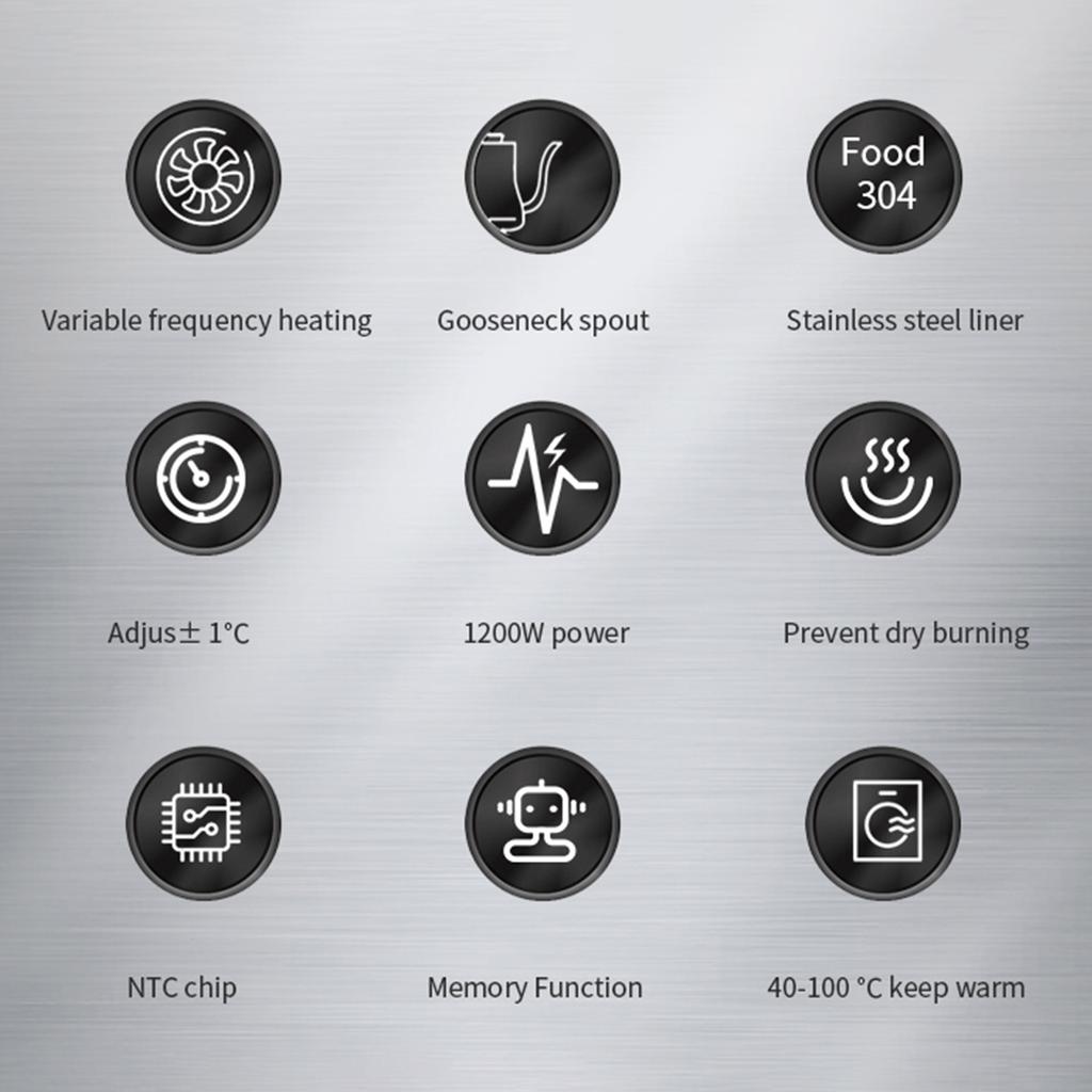 Electric Gooseneck Kettle 1200W Powerful and Fast Water Boiler Stainless Steel Inner NTC Temperature Control LCD Display