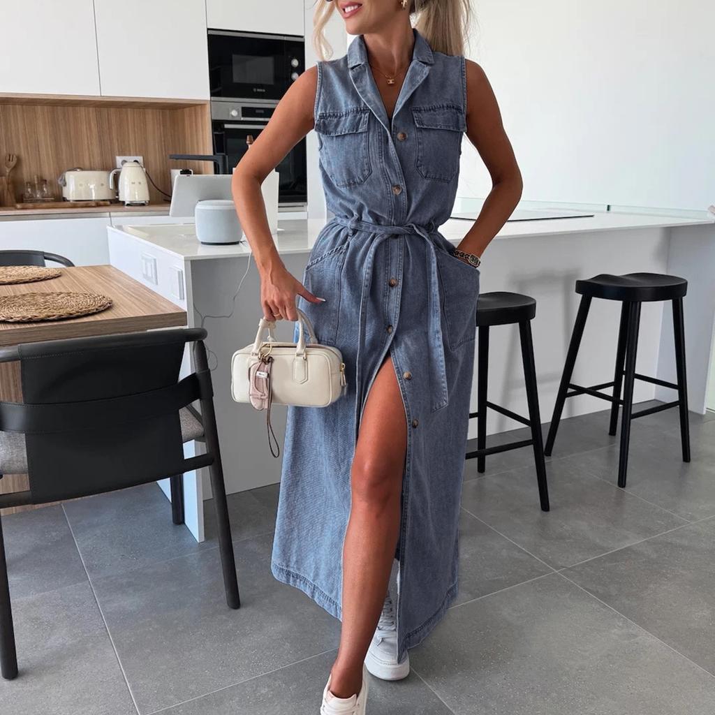 Ladies' Casual And Fashionable Sleeveless Waist Cinched Single Breasted Denim Dress