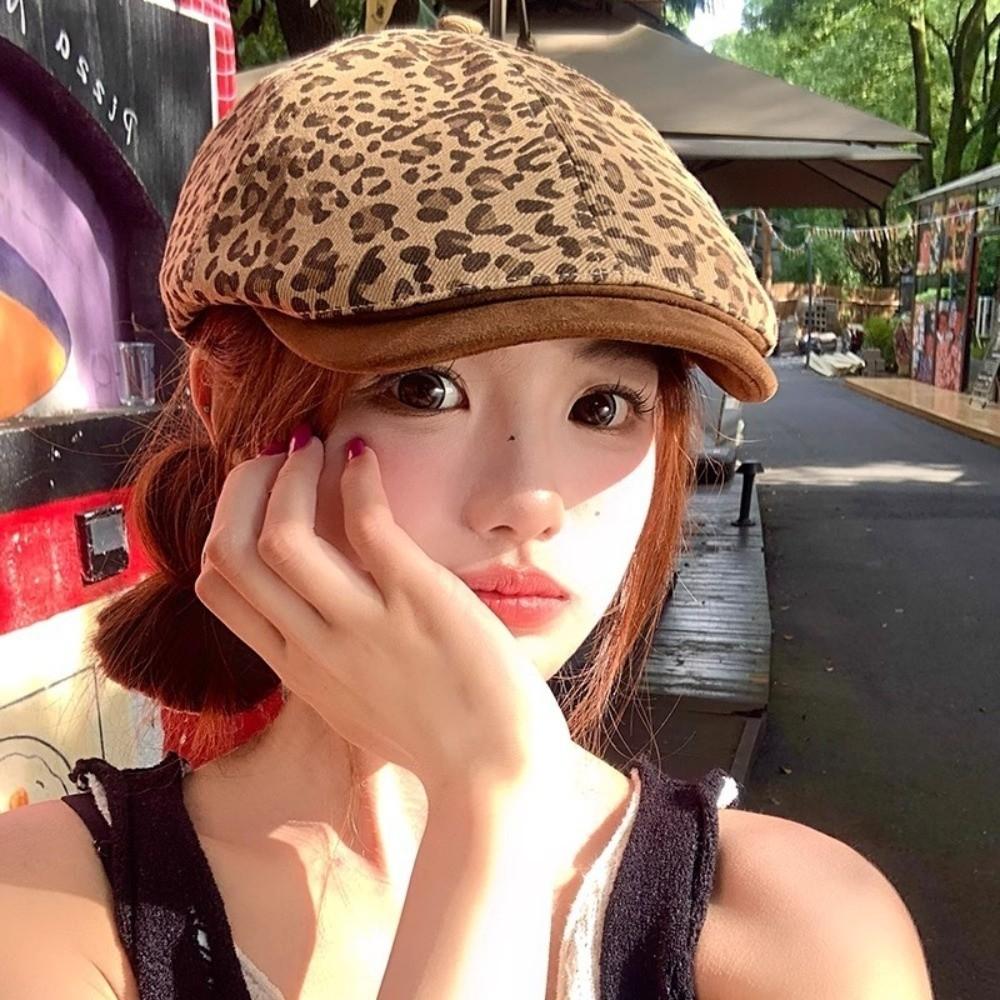 Flat Leopard Newsboy Cap Vintage Painter Cap Trend Leopard Print Beret  Streetwear