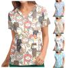 Women's T-shirts Personalized Cute Print Short Sleeve V-neck Top Work Uniform Pocket Tops