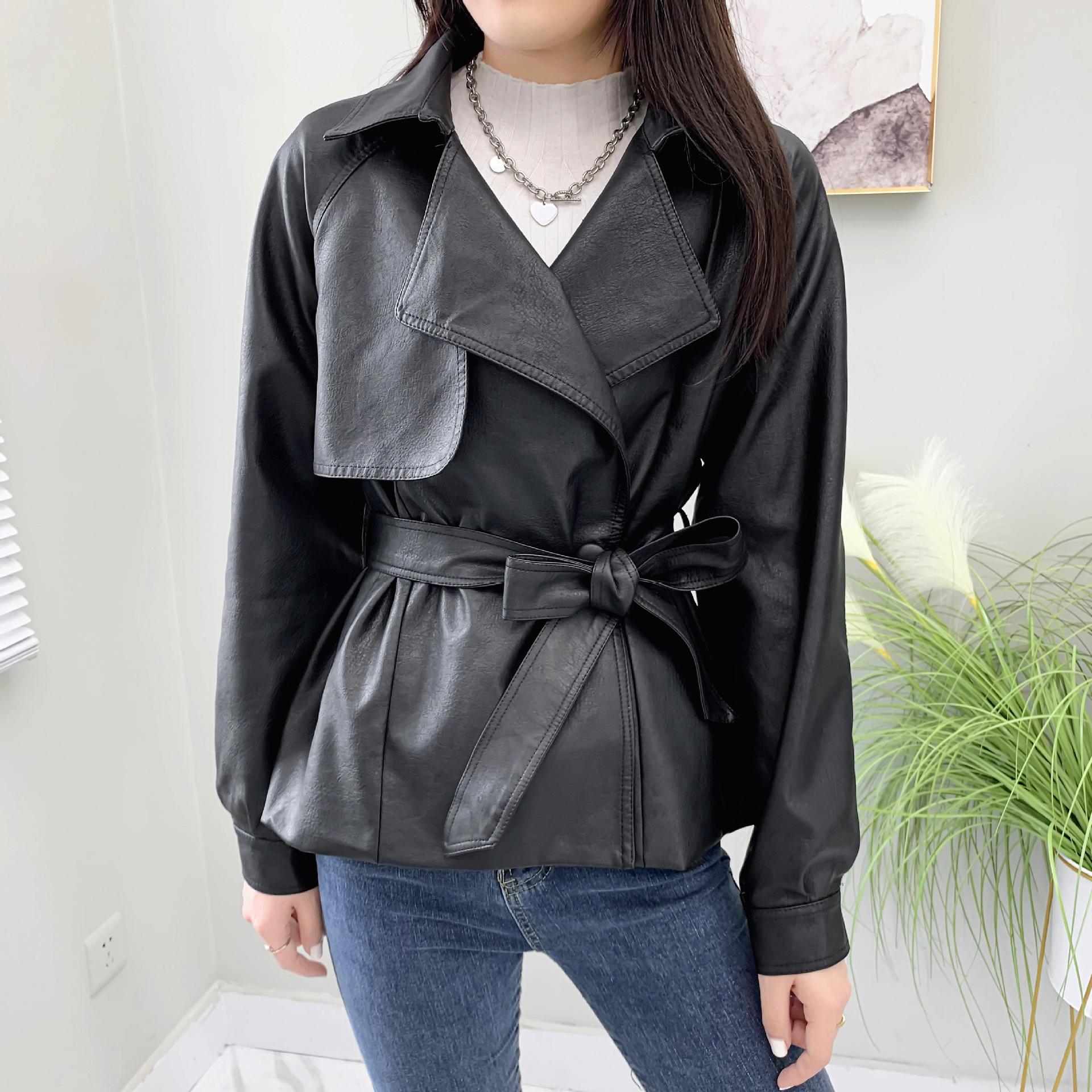 

Кожаное пальто женская осенняя одежда новый костюм воротник двубортный классический талия темперамент высококачественный короткий кожаный ветровка тренд L