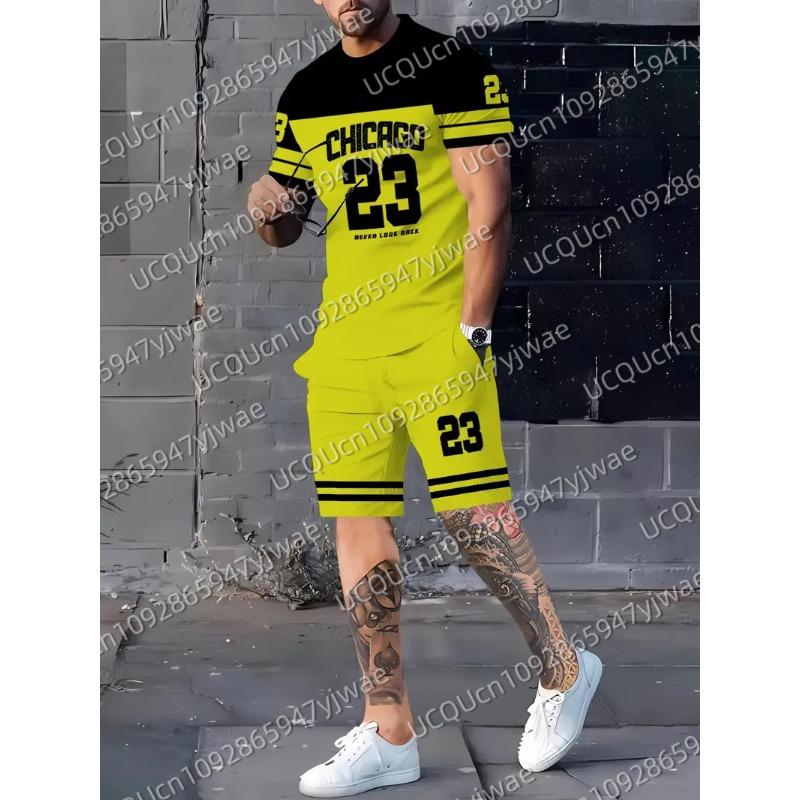 Summer Men's Chicago 23 Print Short Sleeve T-Shirt & Shorts Set Round Neck Gradient Short Sleeved Women's T-shirt Shorts Set