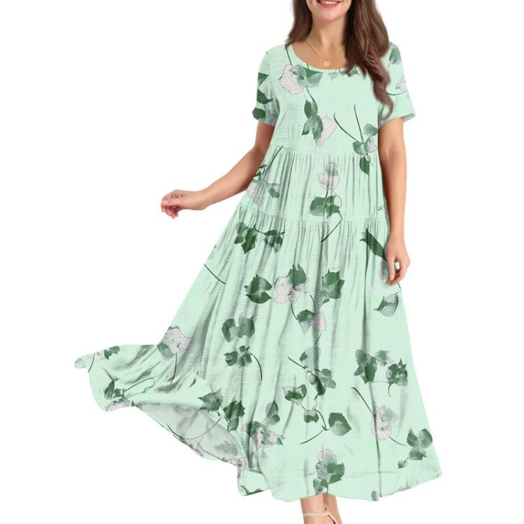 Women Summer Boho Floral Printed Loose Dress Round Neck Short Sleeve