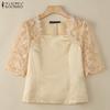 ZANZEA Women Square Neck Casual Lace Splice Half Sleeve Satin Blouse