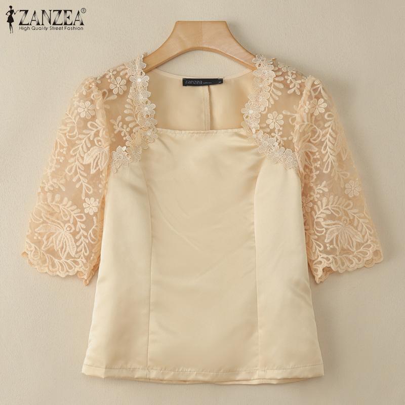 ZANZEA Women Square Neck Casual Lace Splice Half Sleeve Satin Blouse