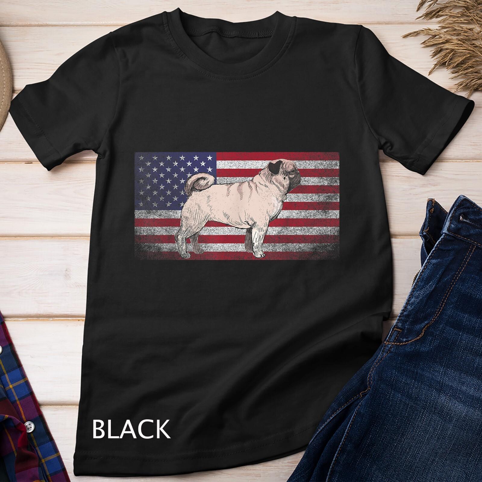 Pug Dog Pet 4th of July American Flag America USA Patriotic Unisex T-Shirt Mens Womens Tees Top S