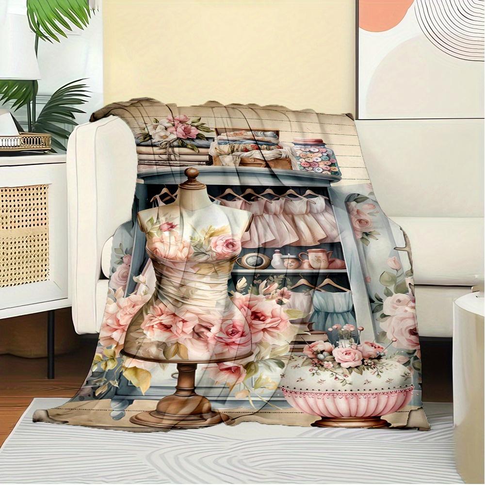 For Mannequin,Floral Dress,Vintage Closet-Themed Flannel Blanket, Glam Style, Digital Print, All-Season Comfort, Tear-Resistant, Knitted Cra