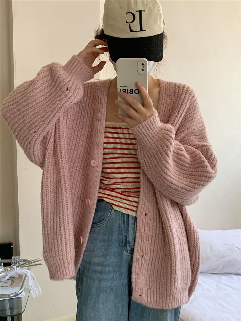 Korean autumn and winter new knitted solid-color sweater women's cardigan casual lazy wind loose soft single-breasted jacket