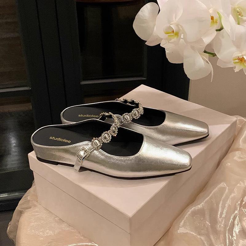 Square Head One-word Diamond Belt Shallow Mouth Versatile Half Slippers Female Summer
