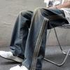 High Street Jeans Striped Street Retro Washed Distressed Loose Straight Trousers